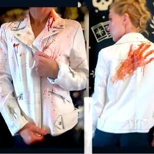 “Blood stained” White faux leather jacket for spooky season and horror lovers